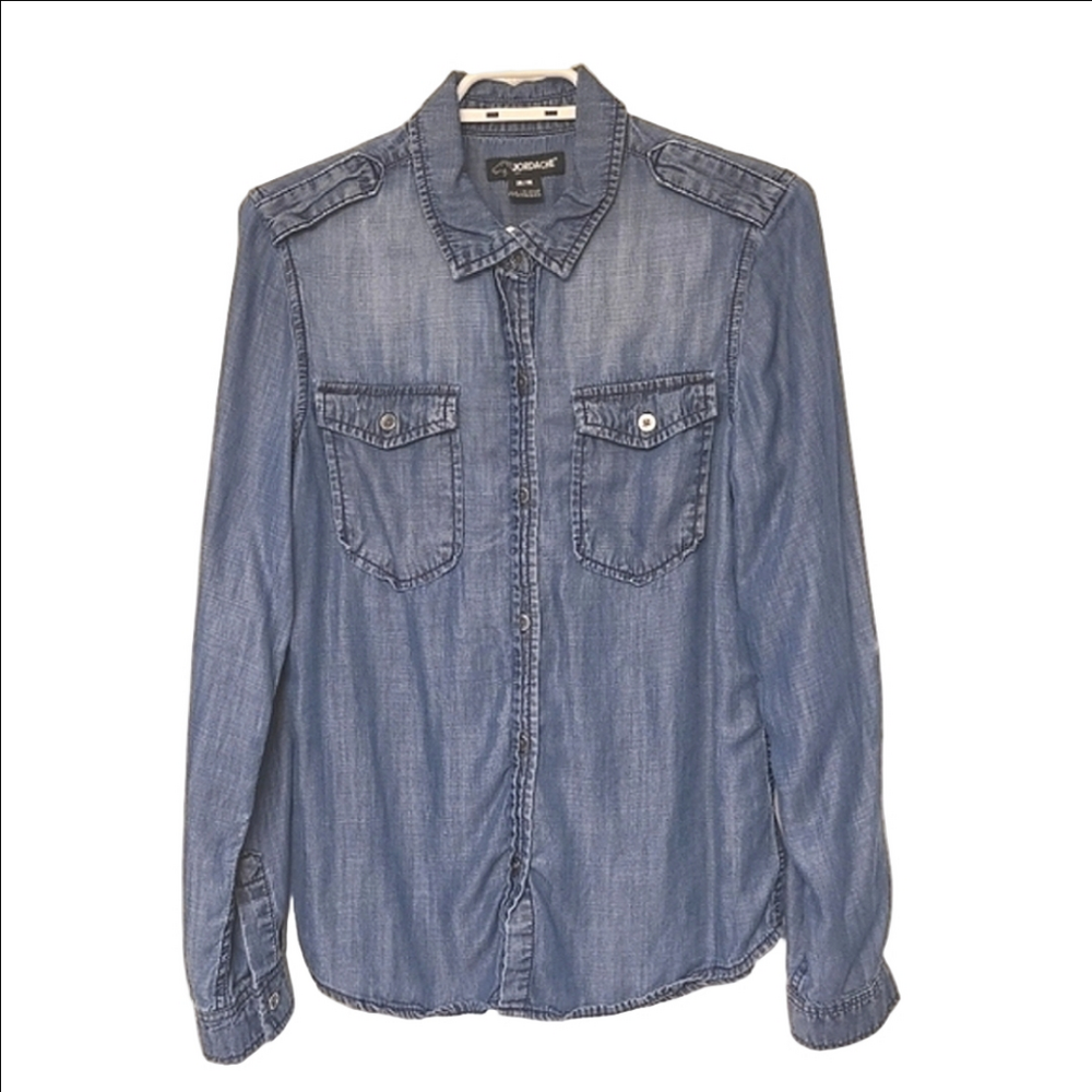 JORDACHE WOMENS BLUE DENIM CHAMBRAY BUTTON DOWN SHIRT DARK WASH FADED MEDIUM